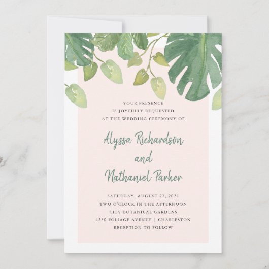 熱帯葉|赤面とグリーン結婚の 招待状 (正面)