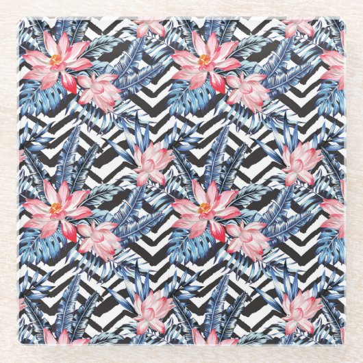 熱帯蓮の花模様 ガラスコースター (正面)