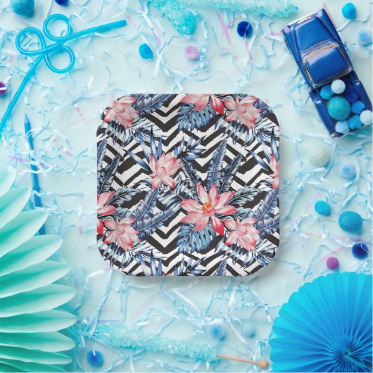 熱帯蓮の花模様 ペーパープレート (パーティー)