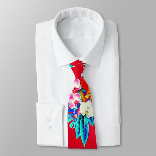 熱帯蘭とヤシ葉のハワイアンフローラ ネクタイ (タイ)