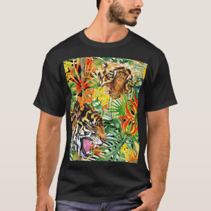 熱帯虎の水色ジャングルパターン Tシャツ