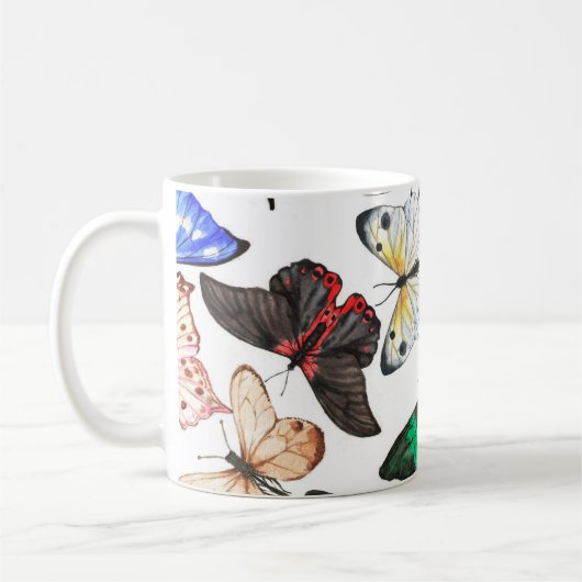 熱帯蝶：カラフルの水色パターン。 コーヒーマグカップ (左)