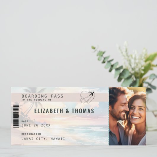 熱帯行先飛行機チケットビーチ結婚式 招待状 (スタンド正面)
