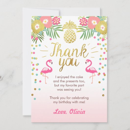 熱帯誕生日のサンキューカードのルアウ(ハワイ式宴会)のフラミンゴ サンキューカード (正面)