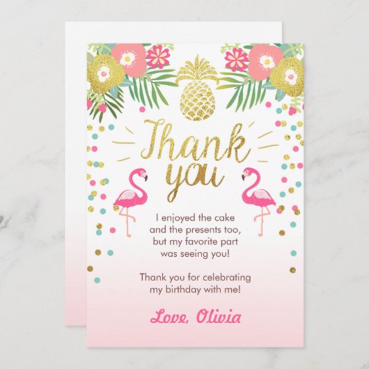 熱帯誕生日のサンキューカードのルアウ（ハワイ式宴会）のフラミンゴ サンキューカード (正面/裏面)