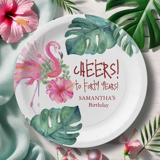 熱帯誕生日ピンクフラミンゴ ペーパープレート