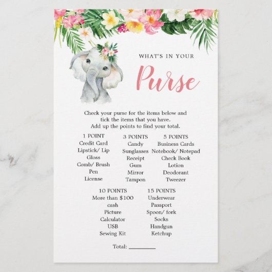 熱帯象ガール赤ちゃんシャワー財布ゲーム (正面)