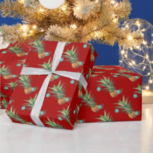 熱帯赤いクリスマスのハワイのパイナップルパターン ラッピングペーパー