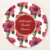 熱帯赤ハイビスカスフラワーズブライダルシャワー ラウンドペーパーコースター (正面)