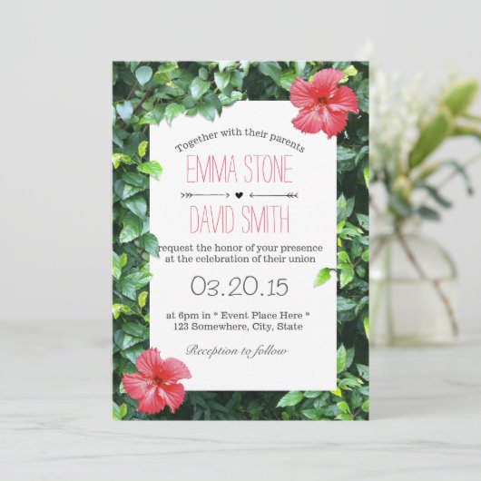 熱帯赤ハイビスカスフラワーズ結婚ハワイアン 招待状 (スタンド正面)
