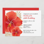 熱帯赤ハイビスカス&金ゴールドリーフ40th誕生日 招待状 (正面/裏面)