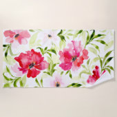 熱帯赤ピンクのフローラ植物 ビーチタオル (正面)