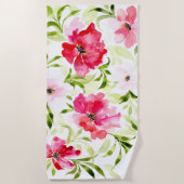 熱帯赤ピンクのフローラ植物 ビーチタオル (正面)