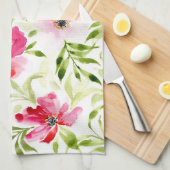 熱帯赤ピンク花模様植物学 キッチンタオル (四つ折り)