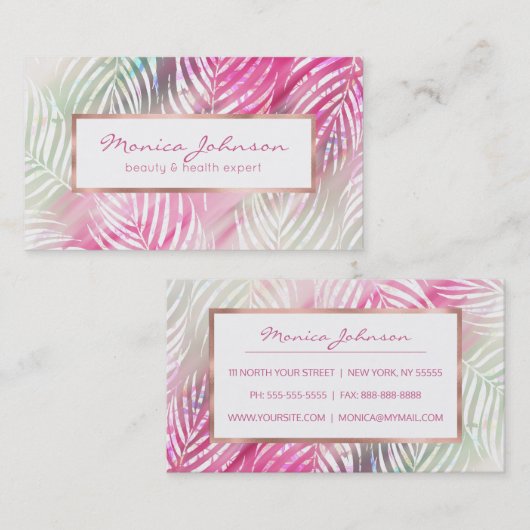 熱帯赤面のミントの緑の白い水彩画の花柄 名刺 (正面/裏面)