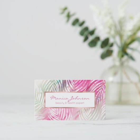 熱帯赤面のミントの緑の白い水彩画の花柄 名刺 (スタンド正面)