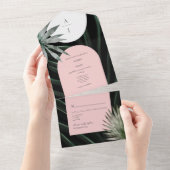 熱帯赤面ピンクパームリーフモノグラム結婚ズ オールインワン招待状 (貼ってはがせる)