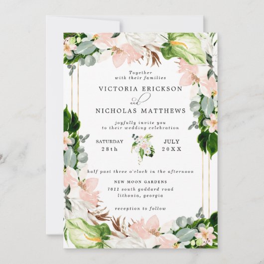 熱帯赤面ピンクホワイトフローラ緑結婚色 招待状 (正面)