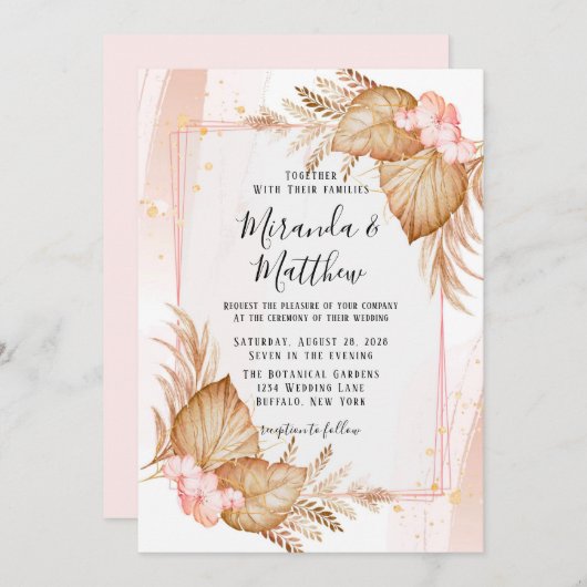 熱帯赤面ピンク&パンパスピンク結婚ズ 招待状 (正面/裏面)