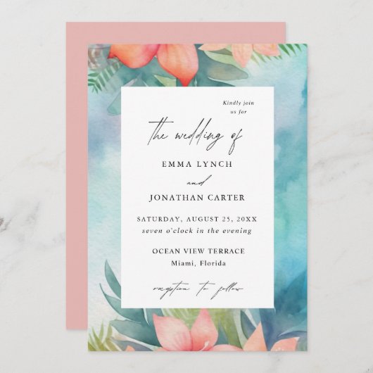 熱帯赤面フローラモダン結婚式招待状 招待状 (正面/裏面)
