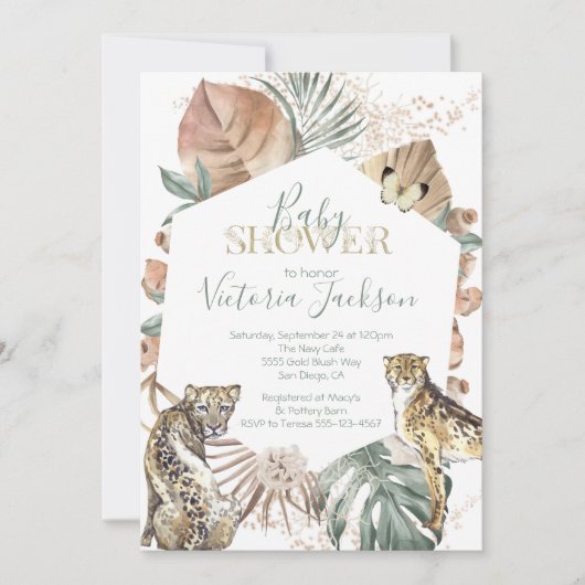 熱帯野生動物のヤシ金ゴールド赤ちゃんシャワー 招待状 (正面)