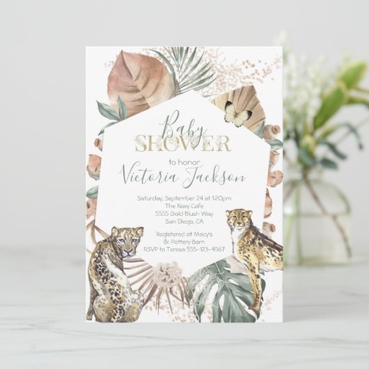 熱帯野生動物のヤシ金ゴールド赤ちゃんシャワー 招待状 (スタンド正面)
