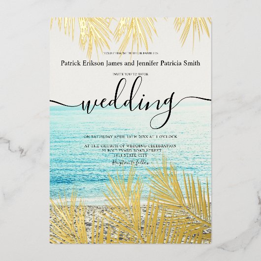 熱帯金ゴールドのエレガントヤシ結婚の木 箔招待状 (正面)