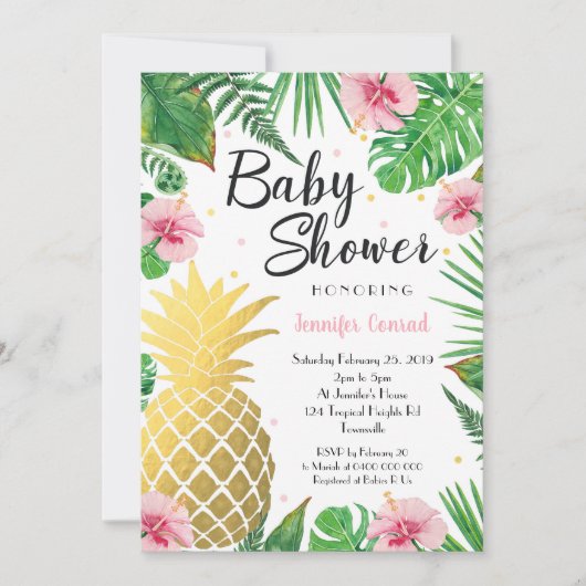 熱帯金ゴールドのパイナップルベビーシャワーの招待状 招待状 (正面)