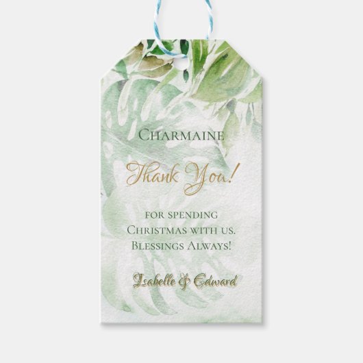 熱帯金ゴールドのヤシの葉葉の緑の背景 ギフトタグ (正面)