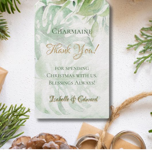 熱帯金ゴールドのヤシの葉葉の緑の背景 ギフトタグ