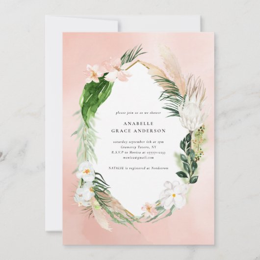 熱帯金ゴールドの幾何学的フローラガーリー葉 セーブザデート (裏面)