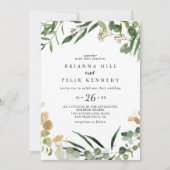 熱帯金ゴールドの緑カジュアル結婚の葉 招待状 (正面)