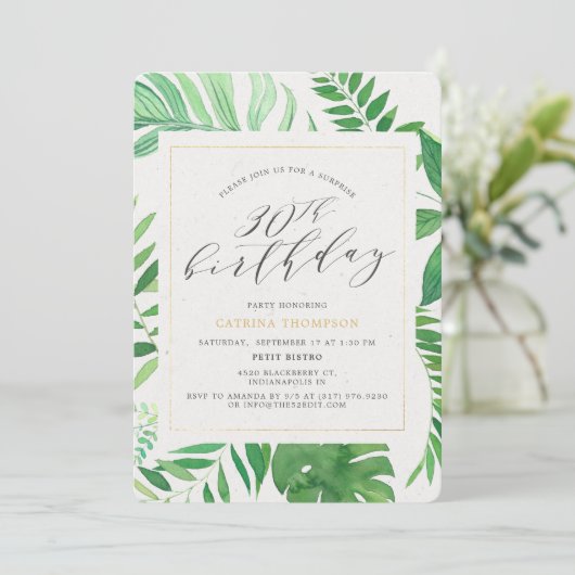 熱帯金ゴールドグリーン30thサプライズ誕生日パーティー 招待状 (スタンド正面)