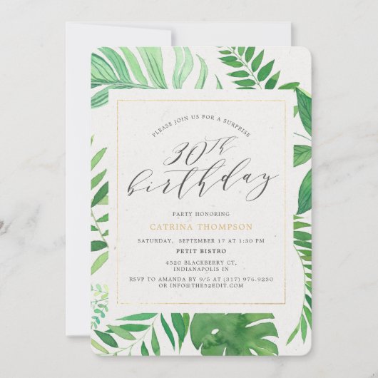 熱帯金ゴールドグリーン30thサプライズ誕生日パーティー 招待状 (正面)