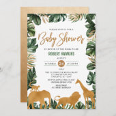 熱帯金ゴールドサファリ動物ジャングルのベビーシャワー 招待状 (正面/裏面)