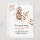 熱帯金ゴールドパイナップルピンクフローラルアウ(ハワイ式宴会)誕生日 招待状 (正面)