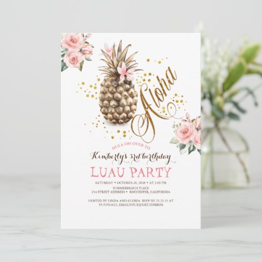 熱帯金ゴールドパイナップルピンクフローラルアウ(ハワイ式宴会)誕生日 招待状 (スタンド正面)