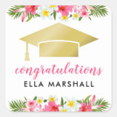 熱帯金ゴールドピンクフローラ卒業式 スクエアシール (正面)