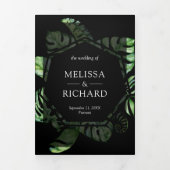 熱帯金ゴールドモンステラパームブラックQRコード結婚ズ 三つ折り招待状 (カバー)