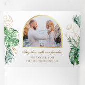 熱帯金ゴールドモンステラパーム写真QRコード結婚ズ 三つ折り招待状 (内部最初)