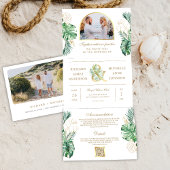 熱帯金ゴールドモンステラパーム写真QRコード結婚ズ 三つ折り招待状