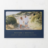 熱帯金ゴールドモンステラパーム海軍QRコード結婚ズ 三つ折り招待状 (カバー)