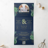 熱帯金ゴールドモンステラパーム海軍QRコード結婚ズ 三つ折り招待状 (内部)