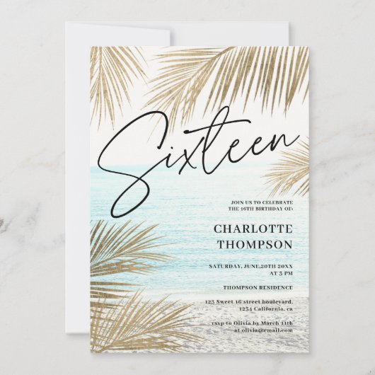 熱帯金ゴールドヤシの木のビーチスクリプトSweet 16 招待状 (正面)