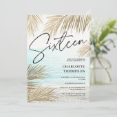 熱帯金ゴールドヤシの木のビーチスクリプトSweet 16 招待状 (スタンド正面)