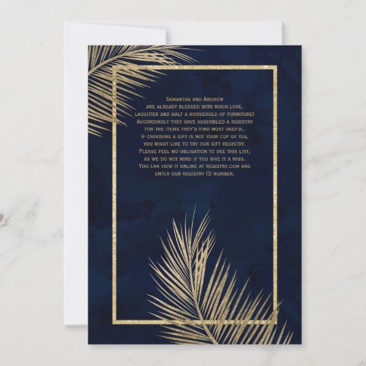 熱帯金ゴールドヤシの木ビーチネイビー結婚ブルーの2 招待状 (裏面)