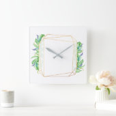 熱帯金ゴールドリーフポリゴナルミントホワイトブルー スクエア壁時計 (ホーム)