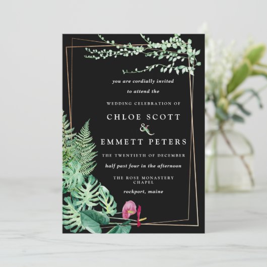 熱帯金ゴールド幾何学模様結婚白黒 招待状 (スタンド正面)