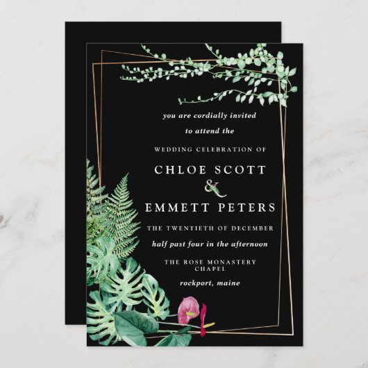 熱帯金ゴールド幾何学模様結婚白黒 招待状 (正面/裏面)