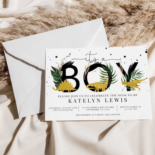 熱帯金ゴールド恐竜ベビーシャワー招待状 招待状